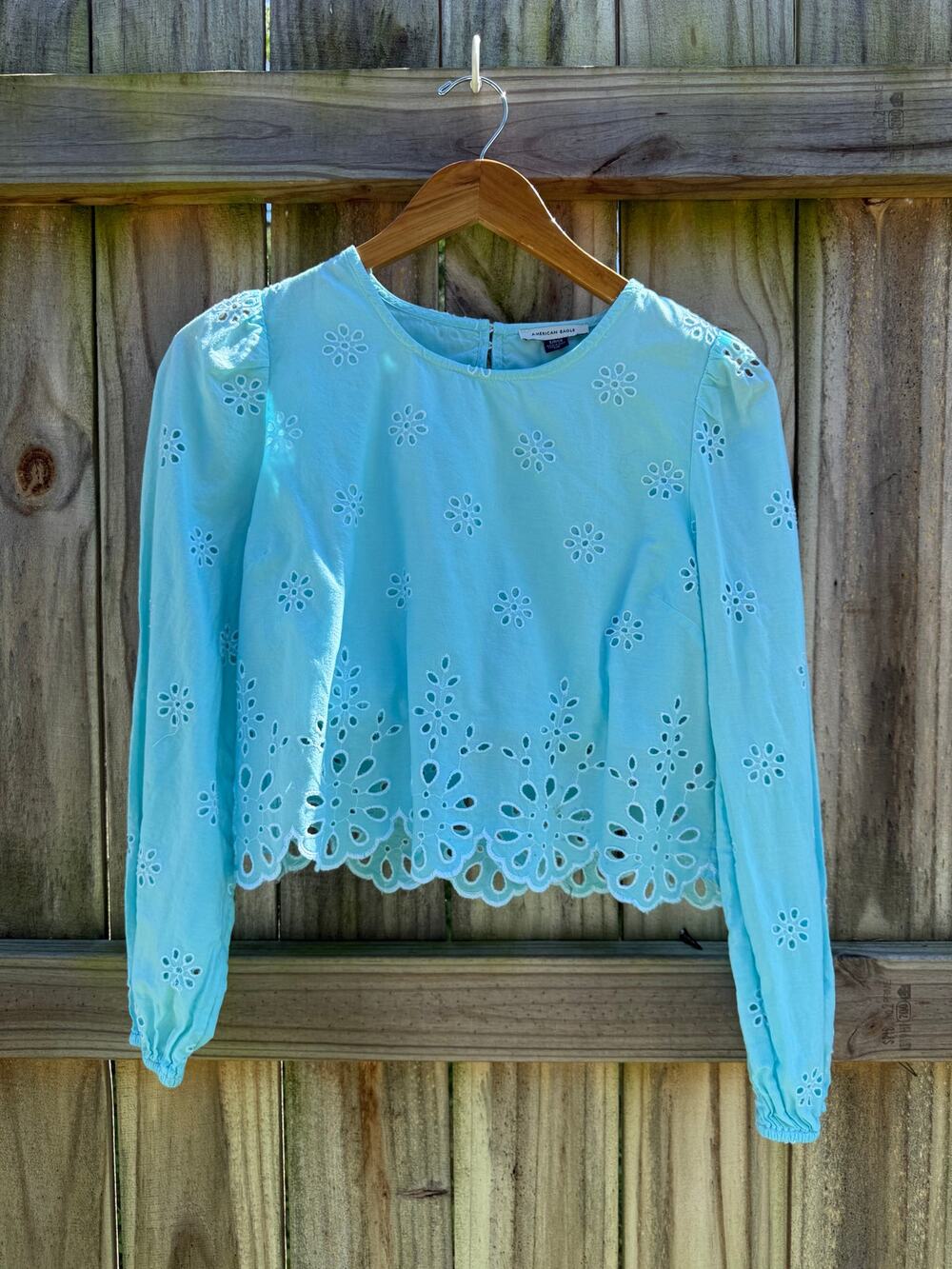 Hand-Dyed Aqua Eyelet Crop Cotton Blouse